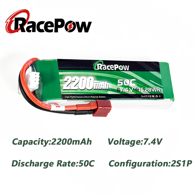 Литий-полимерный аккумулятор RacePow 7 4 В 2S 2200 мА · ч 50C с разъемом T-Deans для