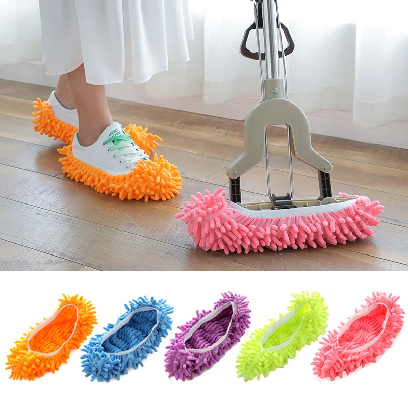 2 Pairs Slipper Microfiber Mopping Shoes Cleaning Tool Size 6-9 BLACK