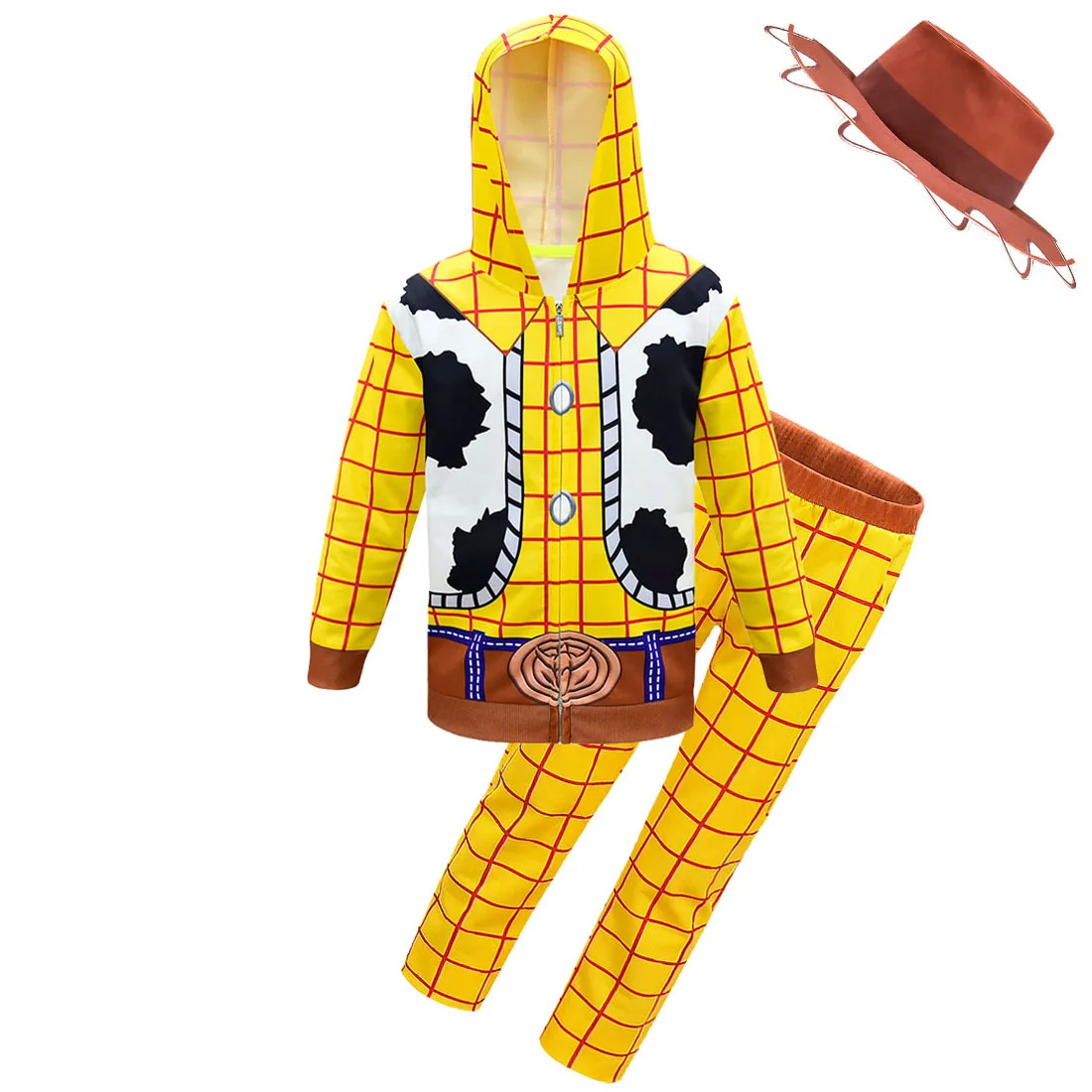 Детский карнавальный костюм для мальчиков «История игрушек», толстовка с капюшоном и длинными рукавами с изображением Вуди, комплект с длинными штанами для мальчиков, костюм Вуди для косплея на Хэллоуин - Цвет: set and hat