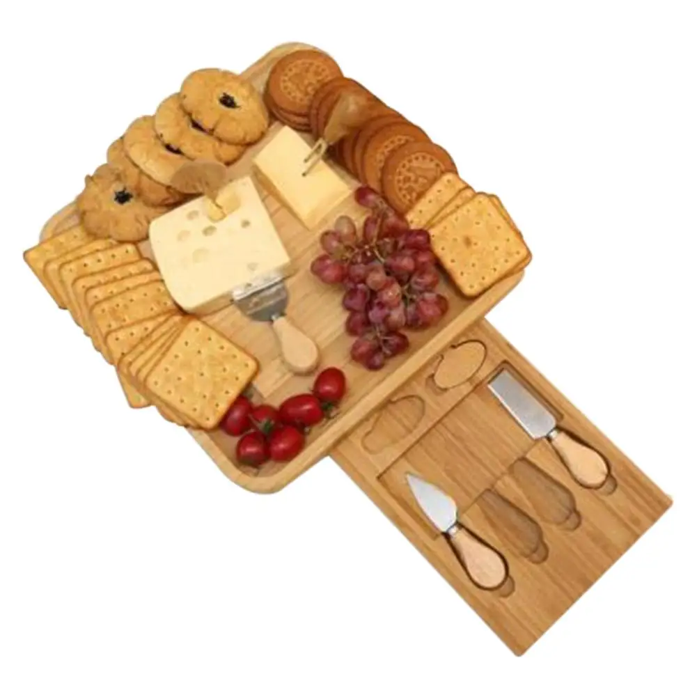 

Cheese Board Bamboo Cheese Plate Cutlery Set With Slide-out Drawers Charcuterie Serving Platter For Crackers Meat
