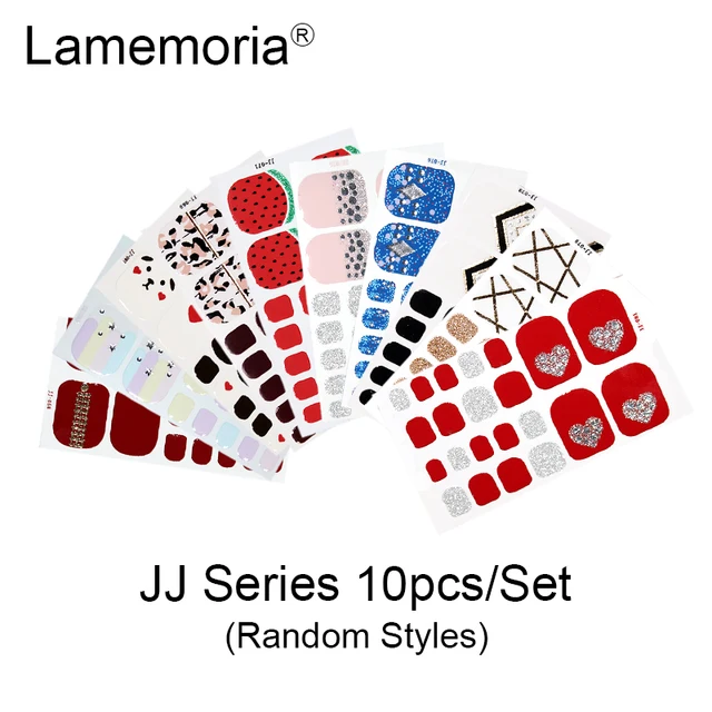 10/20pcs Full Cover Wraps Nail Polish Stickers Strips Plain Nail Art Decorations Stripe Designs Glitter Powder Manicure Tips JJ-10pcs random