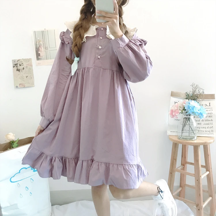 Осеннее Новое милое платье с воротником «Питер Пэн» Kawaii, платье с рукавами-фонариками в стиле Лолиты, вечерние платья с японским чайным принтом, женская одежда