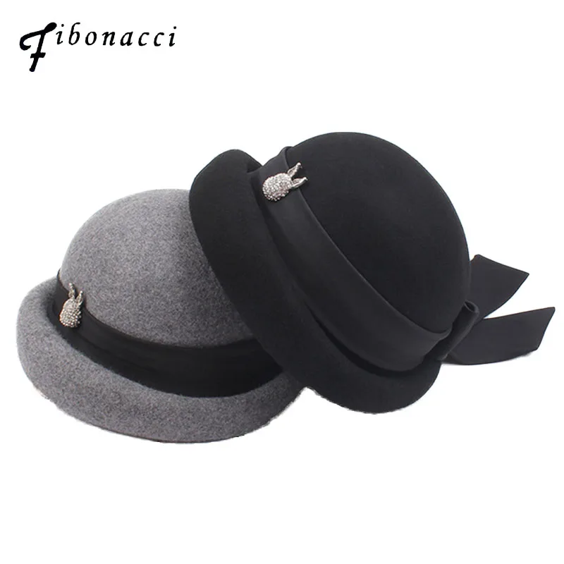 

Fibonacci 2019 New Brand Quality Women's Fedora Hats Rhinestone Rabbit Bow Floral Vintage Elegant Banquet Hat Wool Felt Beret