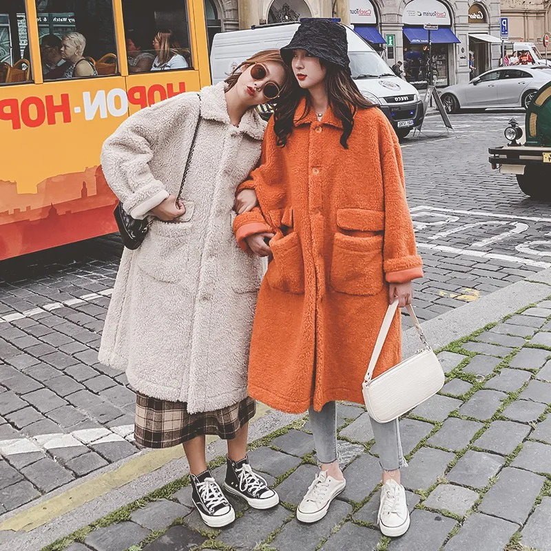 Новинка, Зимняя шерстяная куртка для фотосессии в Корейском стиле, женская Свободная куртка средней длины, шикарное пальто из овечьей шерсти, плюшевое модное пальто