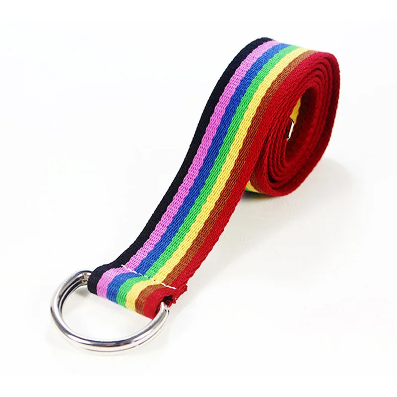 Rainbow Женский тканевый Радужный пояс с разноцветными двойными d-образными кольцами и пряжкой, джинсы, длинный ремень для девушек, студентов, тканый Полосатый ремень 264 - Цвет: Rainbow