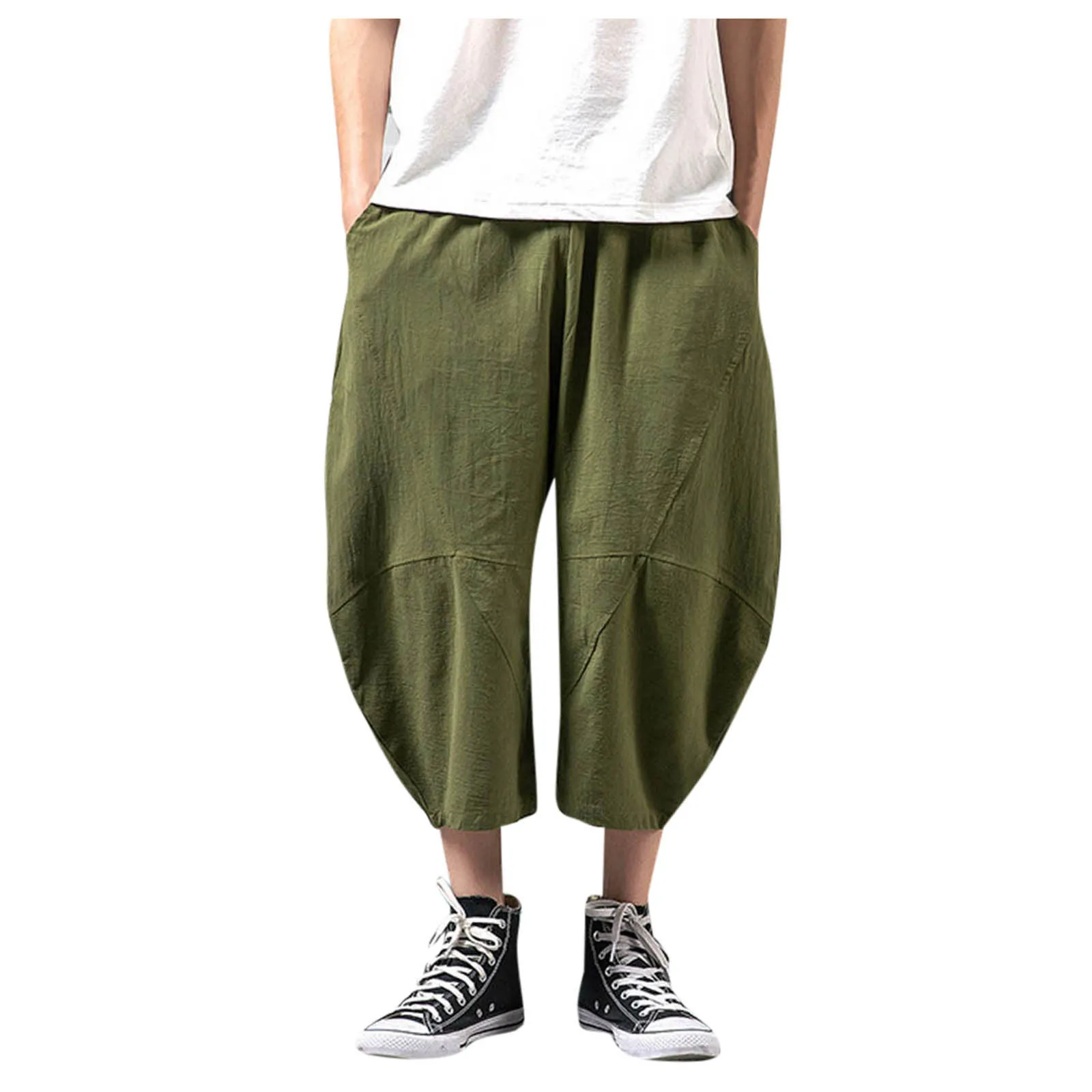 2021 Men's Drawstring Solid Mid Waist Loose Fit Casual Trousers Elastic Waist Pants Men's Light And Breathable Linen Pants 2