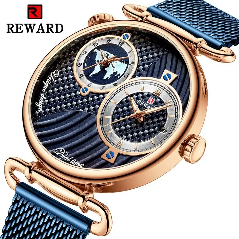 

REWARD Top Brand Watch Men Waterproof Quartz Watches Man Two Time Zone Dial Clock Stainless Steel Wristwatch relogio masculino