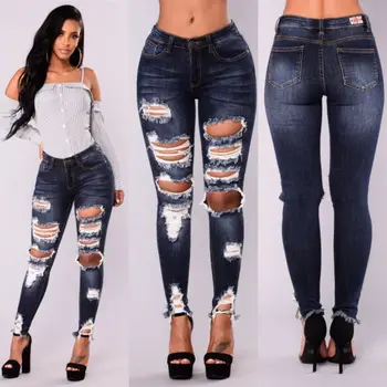 

Women Stretch Skinny Ripped Hole Washed Denim Jeans Summer Female Slim Jeggings High Waist Pencil Pants Denim Trousers Jeans