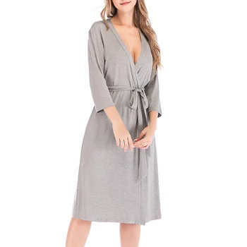 

2020 New Women 3/4 Sleeve Cotton Skin-friendly Nightgown Solid-color Soft Sleepwear Home Stay Clothes