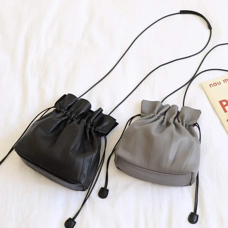 

Retro Korean Type Bucket Bag Solid Color Drawstring Shoulder Crossbody Women's All-Matching Casual Soft Leather Mini Bag