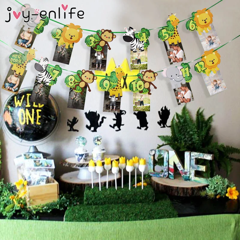 

Happy Birthday Party Decorations Kids Banner Safari Jungle Party Animal ONE Year Banner Party Favors Baby Birthday Decor Garland