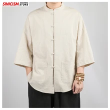 Магазин Sinicism, мужские весенние Рубашки с рукавом три четверти, мужские одноцветные рубашки в китайском стиле, мужские Модные льняные свободные рубашки 4XL