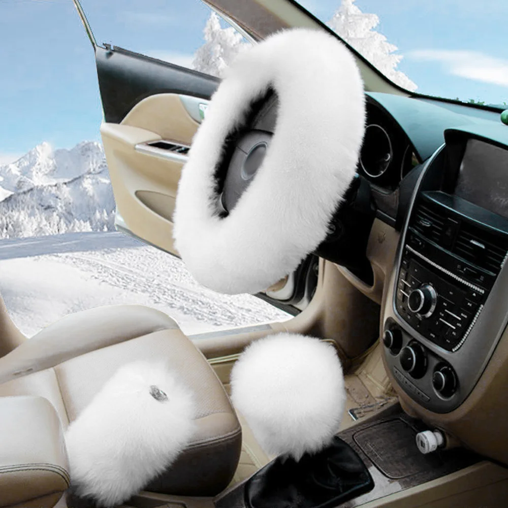 3Pcs/Set Winter Long Wool Car Steering Wheel Gear Knob Shifter Parking Brake Cover Warm Soft Plush Women Auto Accessories 6Color - Название цвета: Белый