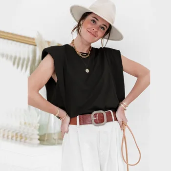 

Cotton Shoulder Padded Women T Shirt O Neck Sleeveless Solid Female T Shirt 2020 Summer Casual Loose Ladies Top Tees