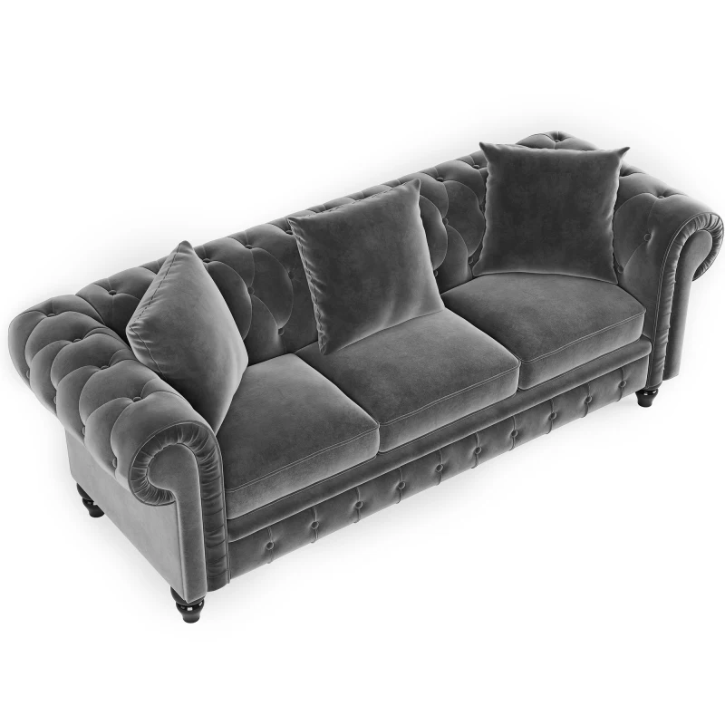 Chesterfield Sofa Set Button Tufted Velvet Upholstered Low Back Loveseat & 3 Seat Sofa Roll Arm Classic,5 Pillows Sectional Sofa