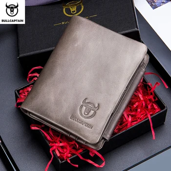 

BULLCAPTAIN Cowhide Purse Male Genuine Leather Coin Pocket Purse Man Mini Leisure Money/Photo Holder Pack Wallet Hardware Zipper