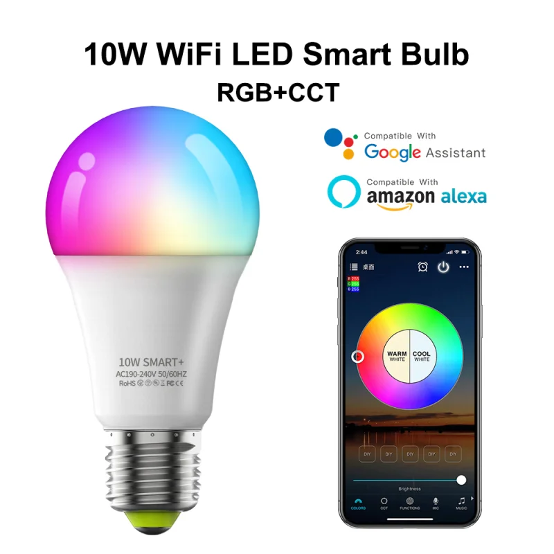 Wifi Smart LED light Bulb E27 Dimmable For Alexa Google Home Remote Control 