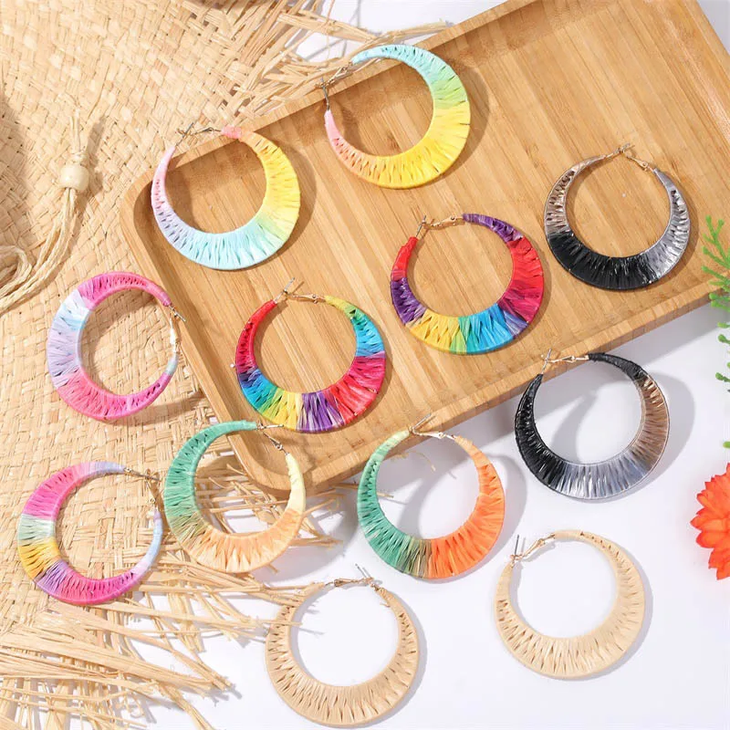 

Colored Raffia Handmade Original Drop Earrings Advanced Color Matching Bohemian Style Seaside Jewelry Round Statement Accessory