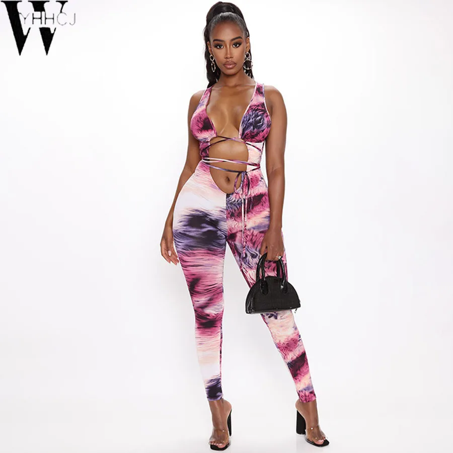 WYHHCJ 2020Bandage Tie Dye Hollow Out Rompers Womens Jumpsuit Fitness Sleeveless Push Up Bodycon Party Jumpsuits V Neck Sexy Hot