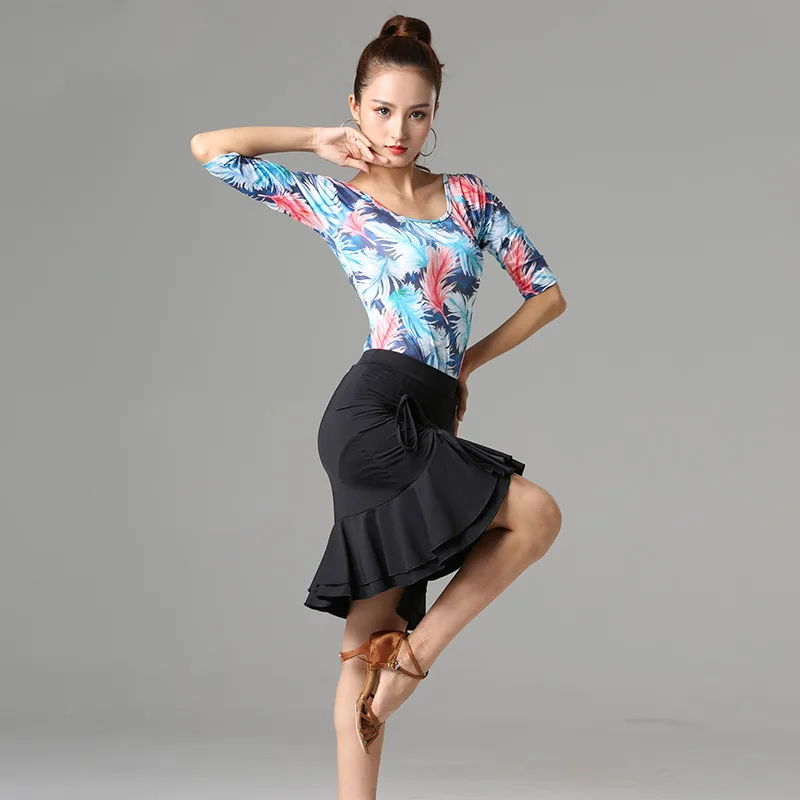 H2623 Latin Dance Skirt Training Suit Women Middle Sleeve Round Neck