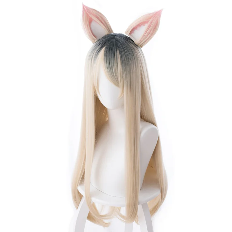 

League of Legends Ahri LOL KDA Blonde 80cm Mixed Color with Cat Ear Synthetic Hair Cosplay Props Halloween Party + Free Wig Cap