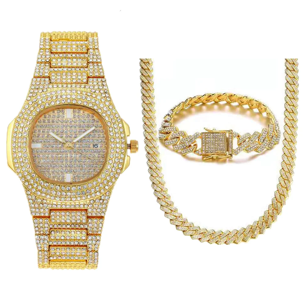 Iced Out Watch for Men Women Hip Hop Miami Cuban Chain Big Gold Chain Necklace Bracelet Jewelry Rhinestone Bling Mens Watch Set