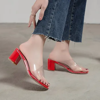 

YMECHIC Summer 2019 Cross Strap Clear Transparent Slides High Heels Ladies Slippers and Sandals White Black Red Beach Shoes 43