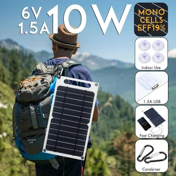 

6V 10W 1.5A Solar Panel Portable Monocrystalline Solar Cells Slim & Light USB Charger Charging Power Bank Pad