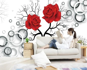 

3D paper Pared Pared European style atmosphere big tree red rose living room window TV wallpaper 3D wallpaper home decoration