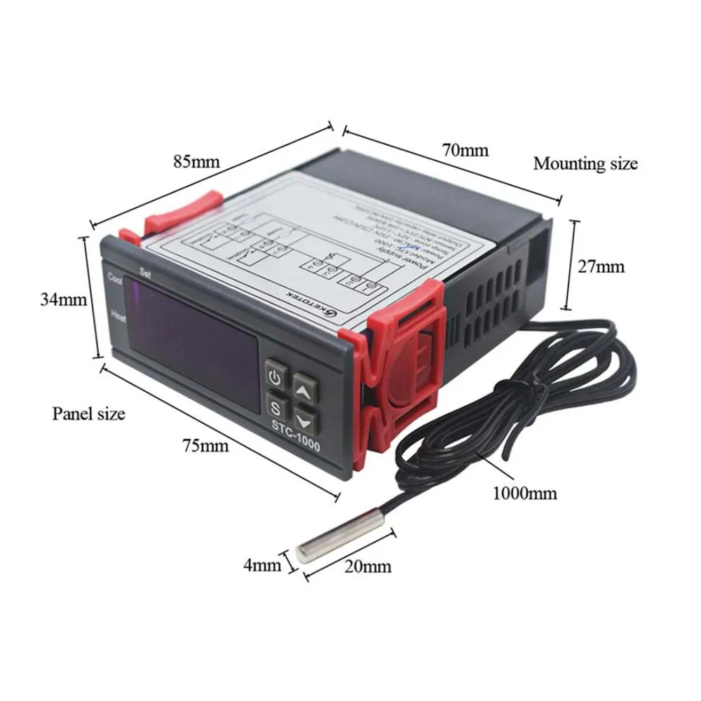 STC-1000 термостат, регулятор температуры для инкубатора, реле, светодиодный, 10 А, 2 этапа нагрева, охлаждение, 110 В, 220 В, 12 В, 24 В, источник питания