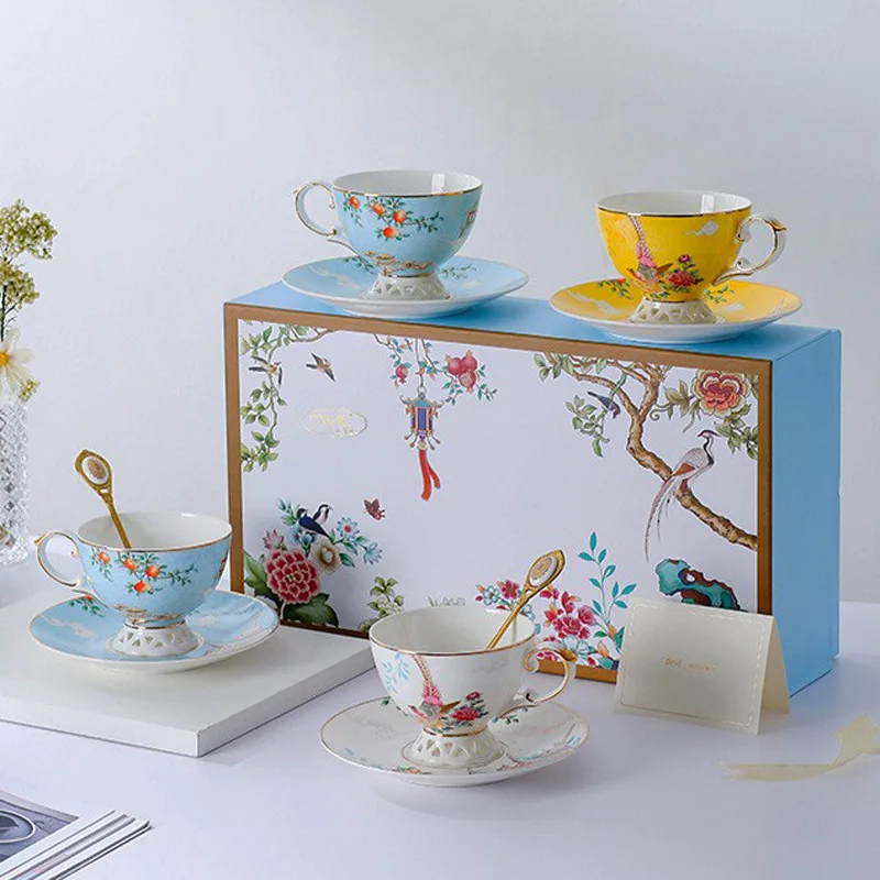 

Guochao style bone china coffee cup and plate high-end luxury household afternoon tea set set couple cup gift box gift set