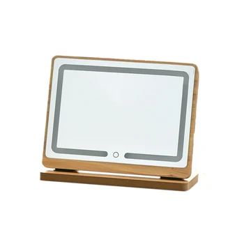 

Wooden Tricolor LED Lighted Makeup Mirror 90°Charging Adjustable Angle Rotation USB Press Sn Makeup Mirror