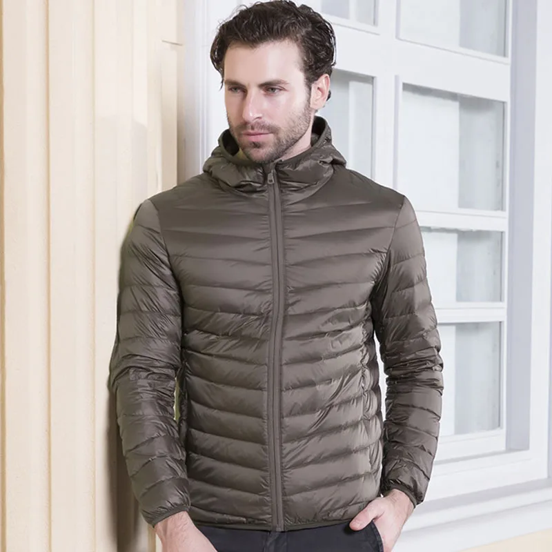 

Men Autumn Winter Jackets Light Thin Style 2019 Male Fall Coats Duck Down Filler Solid Striped Windbreaker Armygreen Plus 3XL