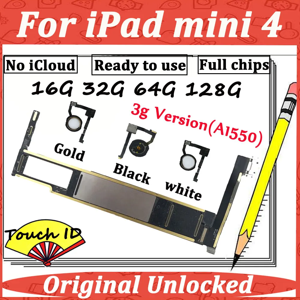 Оригинальная материнская плата для iPad Mini 4, разблокировка iCloud, материнская плата 16G 32G 64G 128G A1550 Touch ID WLAN+ Материнская версия, материнская плата