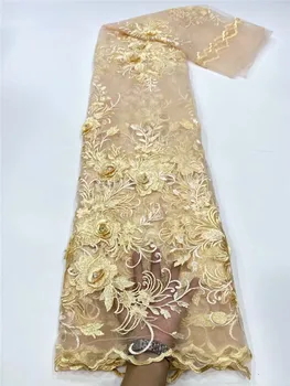 

Latest African Lace Fabric Gold French Mesh Sequins Lace Fabric With Stones Nigerian Lace Fabric For Wedding Dress FDC1023