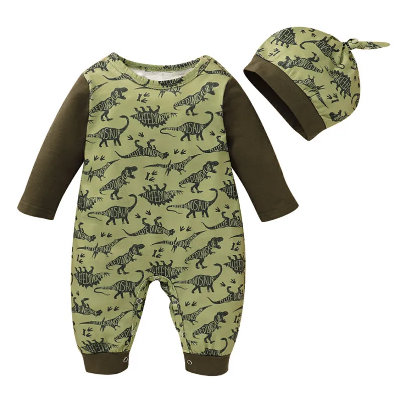 

2020 Body Baby Romper Hat Dinosaur Print Round Neck Long Sleeve Jumpsuit One-Pieces Suits Autumn Spring Outfits
