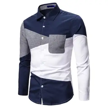

Casual Men's Shirt Striped splicing Long Sleeve Mens Dress Shirts Slim fit Blouse Men White Navy