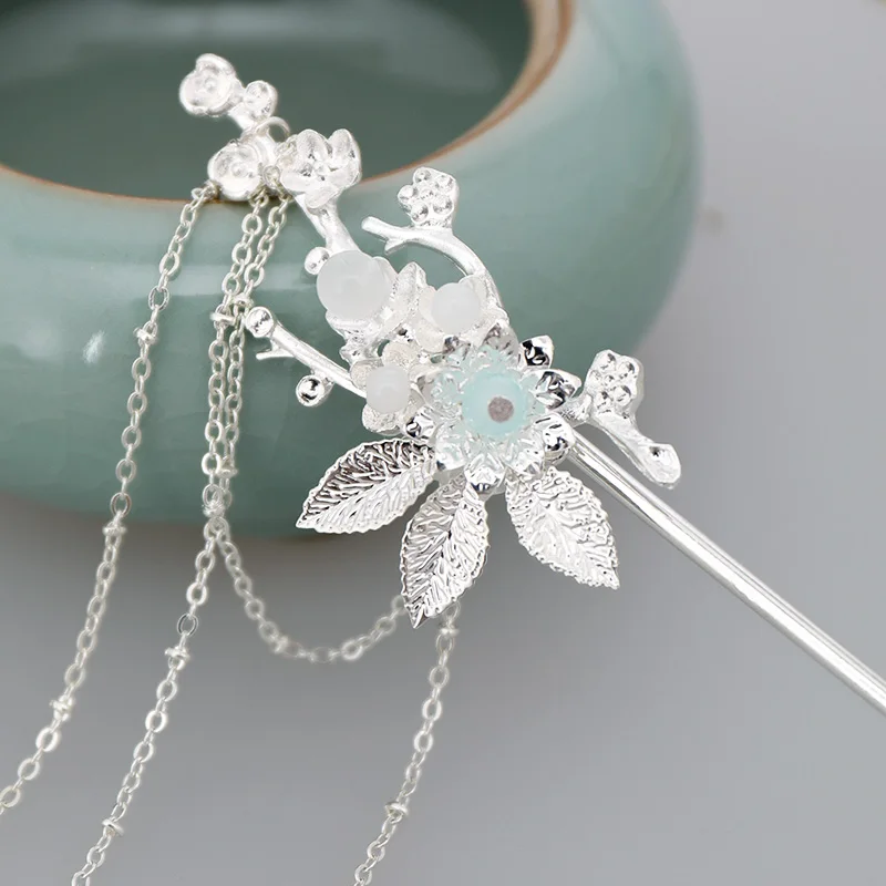 Womens Crystal Hair Clasp Flowers Shape Design Y2K Silver Step Shake Hanfu Hair Stick with Tassel Headwear Hairpins Jewelry