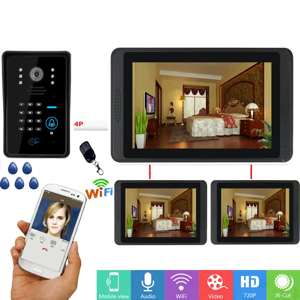 7 inch 3 Monitors Wired / Wireless Wifi RFID Password Video Door Phone Doorbell Intercom System with + IR-CUT HD 1000TVL Camera