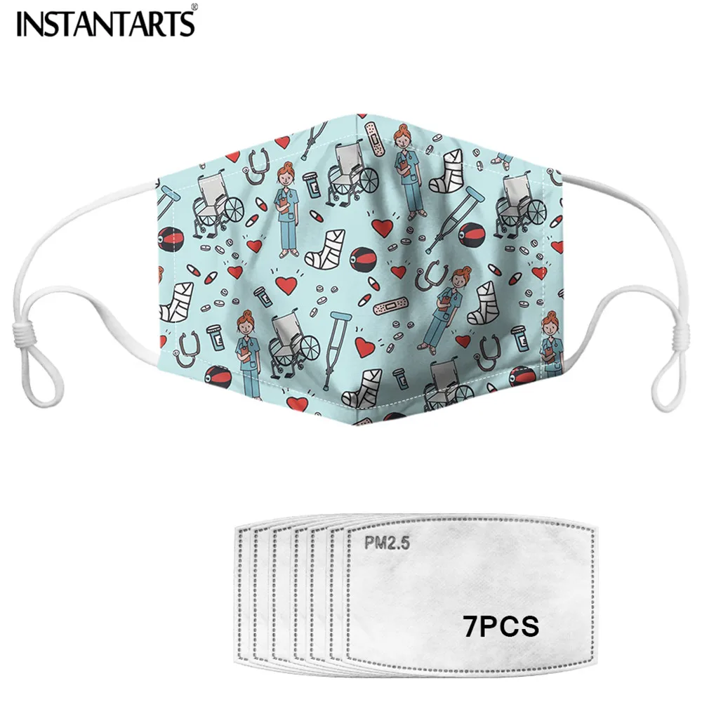 

INSTANTARTS Premium Sketch Physio Women's Blue Face Masks Nurse Mouth Cover Mask 7PCS Filters Unisex Mask Anti-Dust Respirator