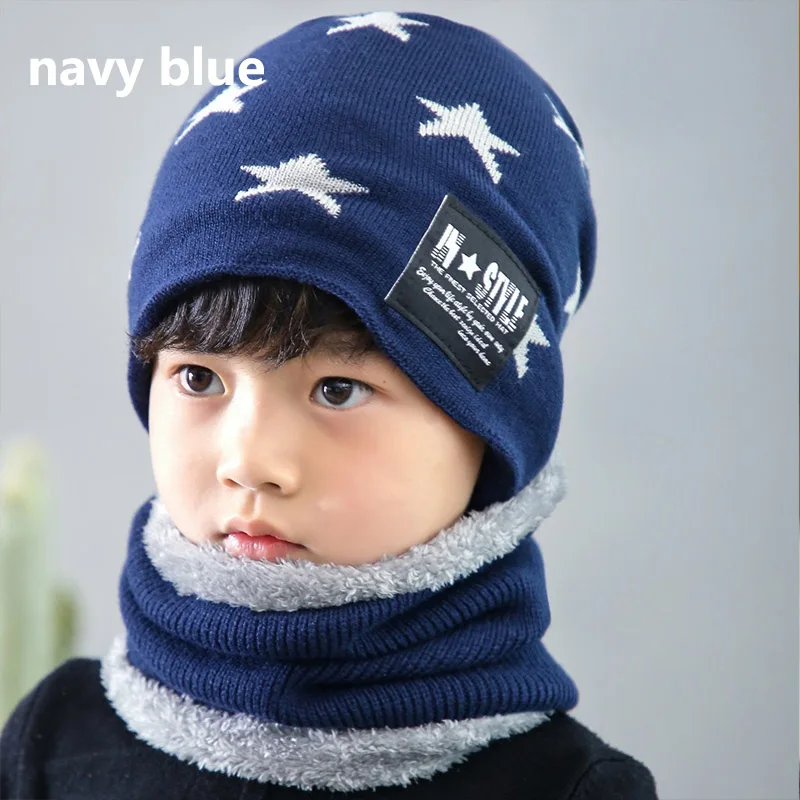 Модная зимняя теплая вязаная шапка для мальчиков и девочек, комплект с шарфом, детские шапки, зимняя шапка для детей, шапки Skullies - Цвет: Тёмно-синий