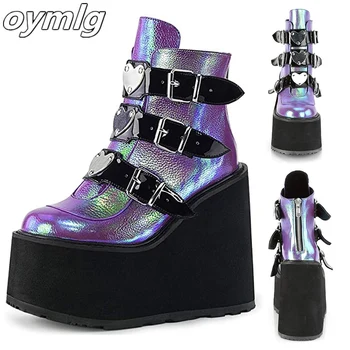 

2020 Metal Buckle Ankel Boots for Women Black White Punk Female Platform Martin Boots Wedges High Heels Botas Martin Boots