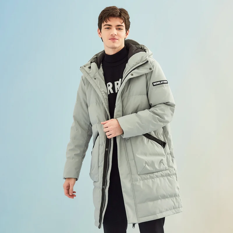 Metersbonwe,, длинные зимние куртки, бизнес стиль, с капюшоном, толстый зимний пуховик, мужской, однотонный, модный, пальто, верхняя одежда, теплая - Цвет: gray