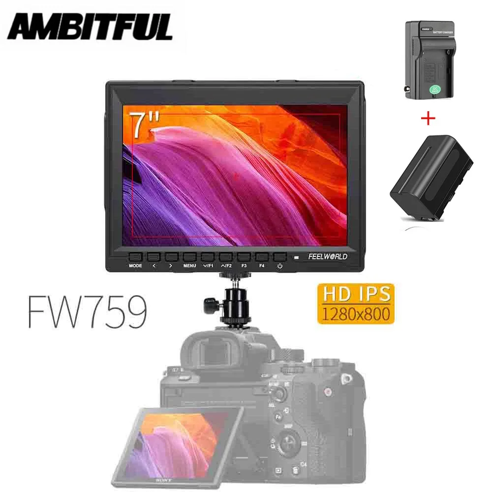 

Feelworld FW759 7" 1280x800 IPS Camera Field DSLR Video Monitor with Peaking Focus HD LCD Monitor + NP750 Battery + Charger