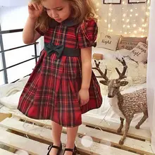 Merry Christmas Baby Girls Dress Cute Double Bow Plaid Party Dresses For Girls Toddler Kids Princess Short Sleeve Costumes