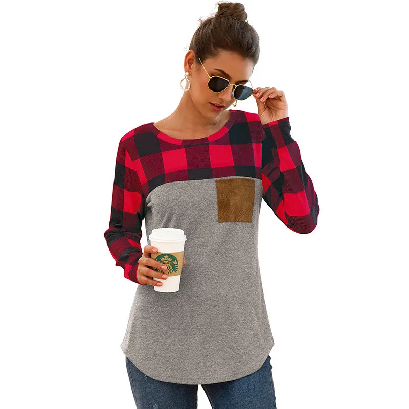 Модная клетчатая футболка с длинным рукавом, женская одежда, цветная туника, Camisetas, топы с карманами, повседневная Сетчатая футболка, большие размеры