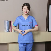 Для женщин медицинская Униформа сапоги из флока с ажурной кромкой набор v-образный вырез короткий рукав топ+ брюки хирургические медсестры униформа для сотрудниц спа-салонов рабочая одежда для больниц