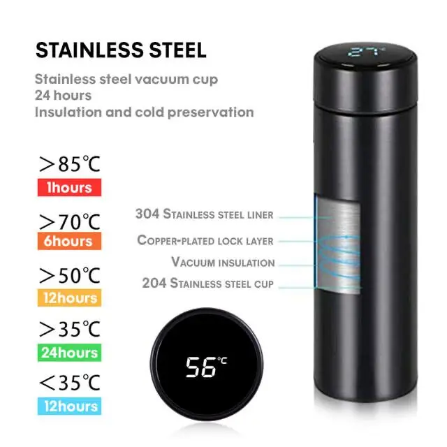 Smart Insulation Cup Straight Thermos Mug Black Smart Temperature Measuring Vacuum Flask Wearable Durable Material for Household for Outdoors Smart Insulation Cup Straight Thermos Mug Black Smart Temperature Measuring Vacuum Flask Wearable Durable Material for Household for Outdoors