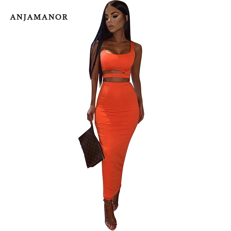 

ANJAMANOR Sexy Two Piece Skirt Set Neon Orange Green Bodycon Bandage 2 Piece Club Outfits for Women Matching Sets D83-AA21