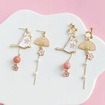 DoreenBeads Fashion Earrings Gold White & Pink Fan Cat Imitation Pearl Japanese Style Accessories Gift 70mm x 30mm, 1 Pair